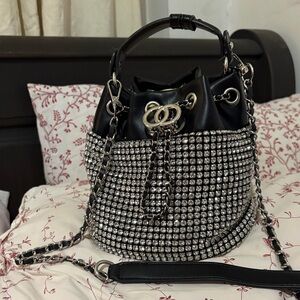 Chic Black and Silver Rhinestone Bucket Bag